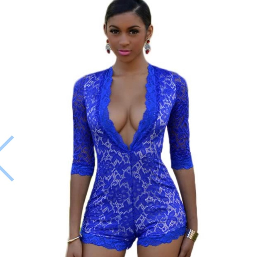 Royal Floral Lace Deep V Neck Romper in Blue size Med